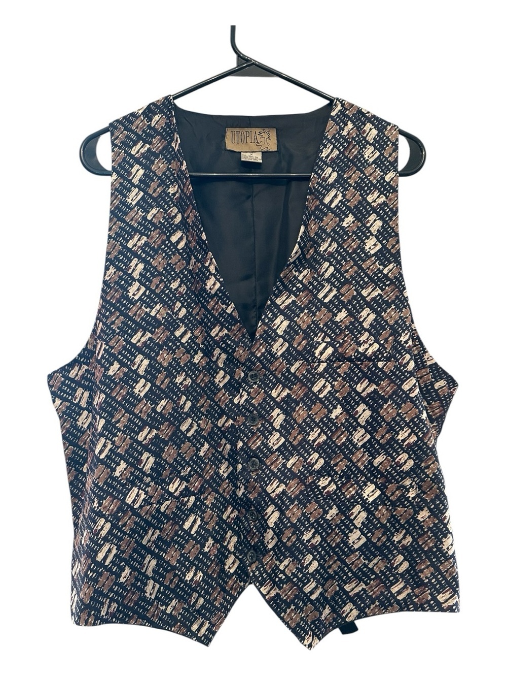 Vintage 90’s Utopia Men's Black and Brown Patterned 100% Silk Vest Size Medium